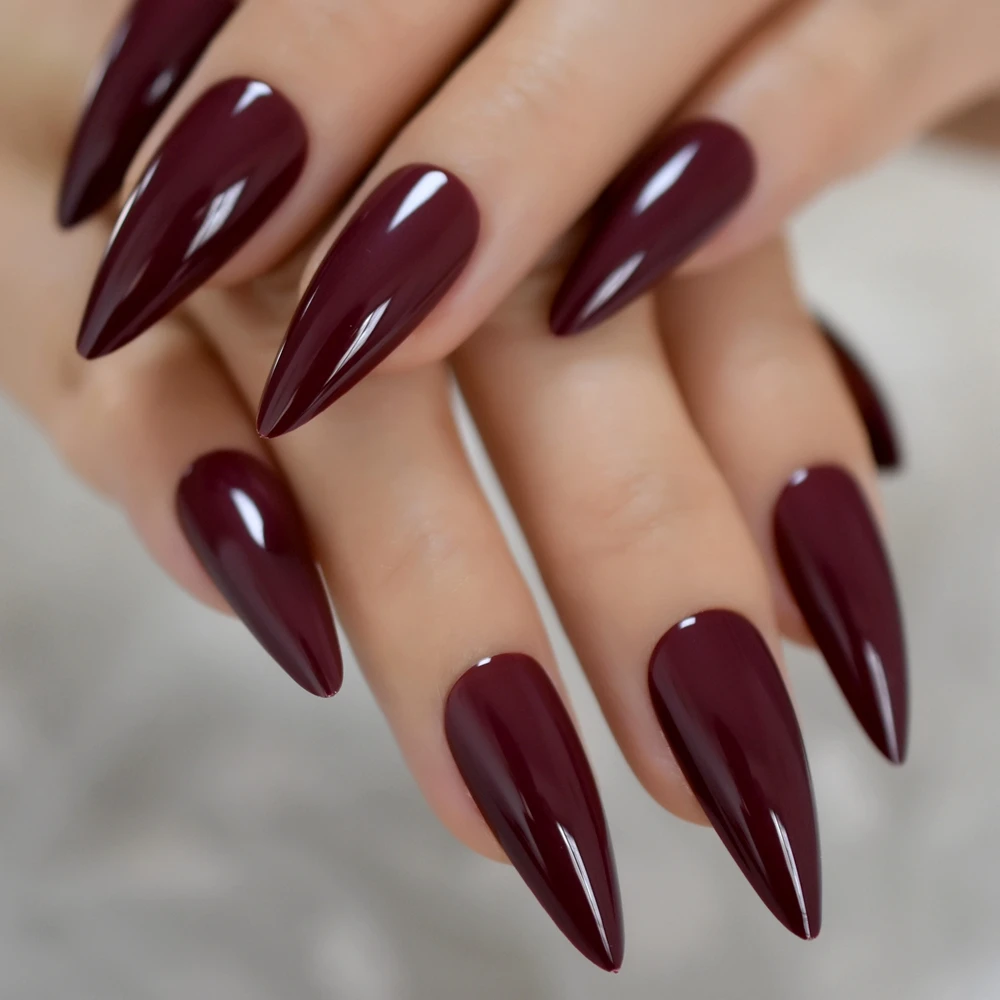 24pcs Burgundy Point Stiletto False Nail Tips Acrylic Salon Full Cover Press On Fake Nails With Jelly Glue Sticker