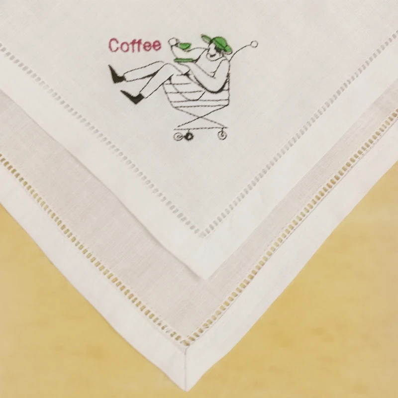 Set of 12 Fashion Coffee Napkin White  Hemstitched Linen Tea Napkins with Embroidered Design Handkerchiefs12x12-inch