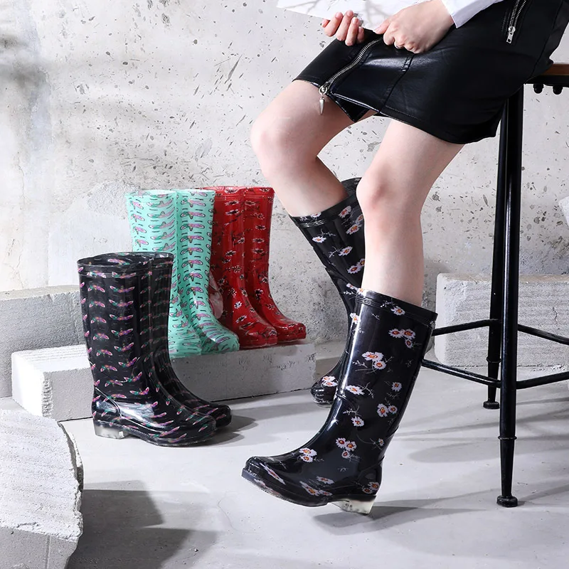 Flower Pvc Rain Boots Women High Waterproof Water Shoes Thick Heel 2021 Autumn New Female Casual Rainboots for Rain for Women