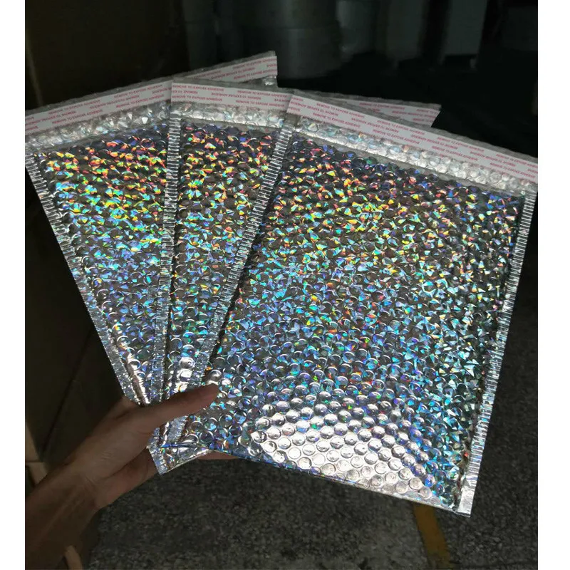 Bolsas de sobres de correo de plata láser, sobres de burbujas acolchados impermeables, paquete de Navidad, 50 Uds.
