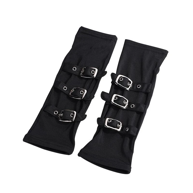 Women Half Finger Metal Buckle Belt Rivet Punk Hip Hop Party Cosplay Dance Mitten Sexy Black Fingerless Milk Silk Glove R46