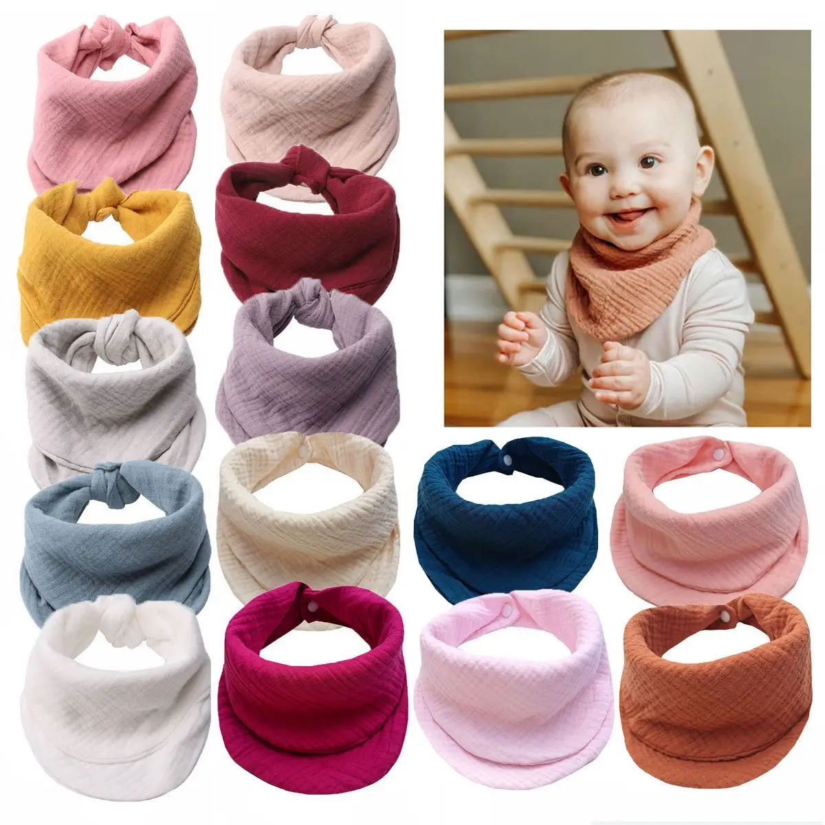 20Pc/Lot Soft Comfortable 100% Organic Cotton Baby Bandana For Boys & Girls Infant Adjustable Snaps Solid Saliva Baby Bibs