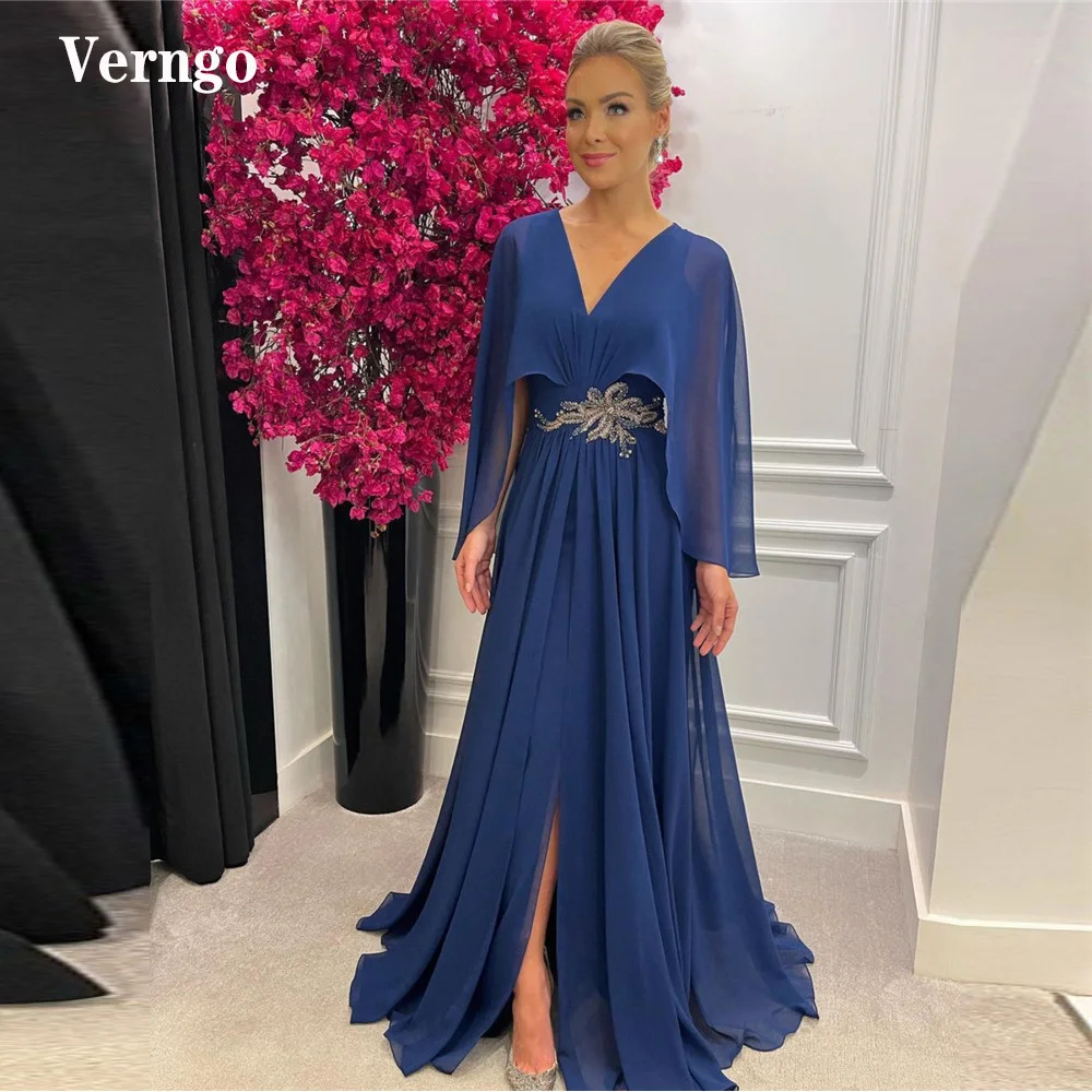 

Verngo Dark Blue/Blush Pink Chiffon Prom Dresses 2021 Cape Sleeves V Neck Applique Long Mother Formal Evening Gown Plus Size