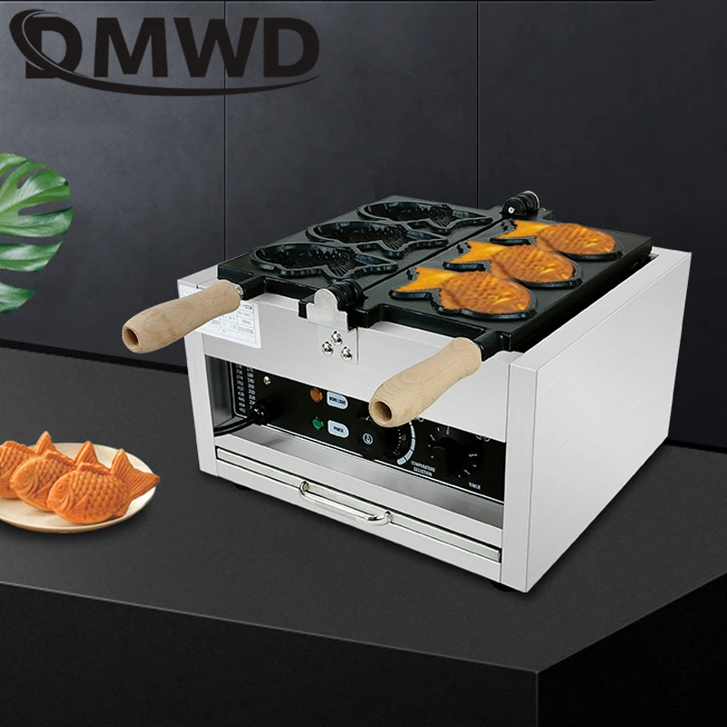 DMWD Electric Fishes Shape Big Fish Cone Waffle Maker Commercial Open Mouth Ice Cream Taiyaki Machine Muffin Iron Oven 110V/220V