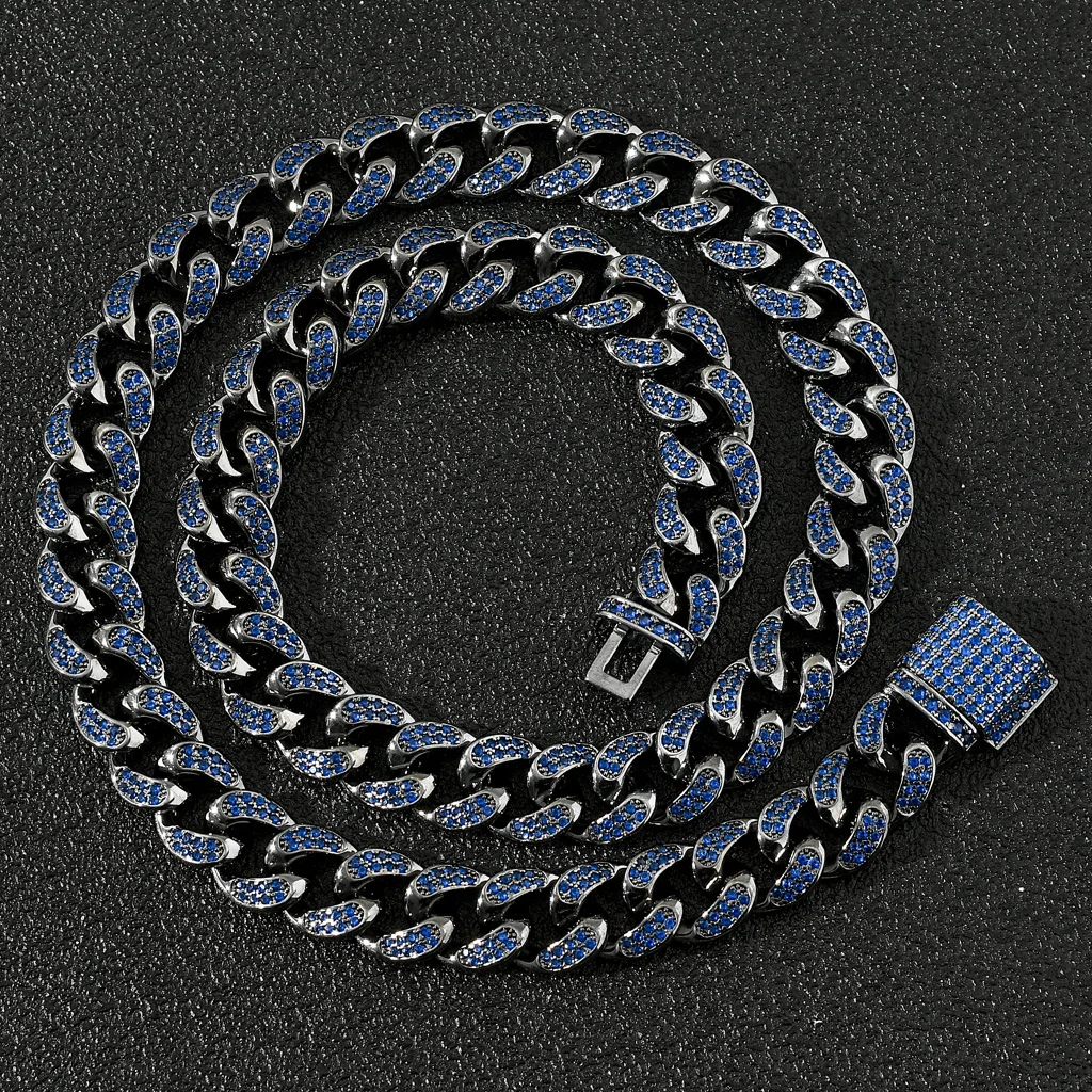 

Anztilam 12mm Blue Color Iced Out Cuban Miami Cuban Bracelets Necklace Bling AAA+ Cubic Zircon Long Choker for Men Goth Jewelry