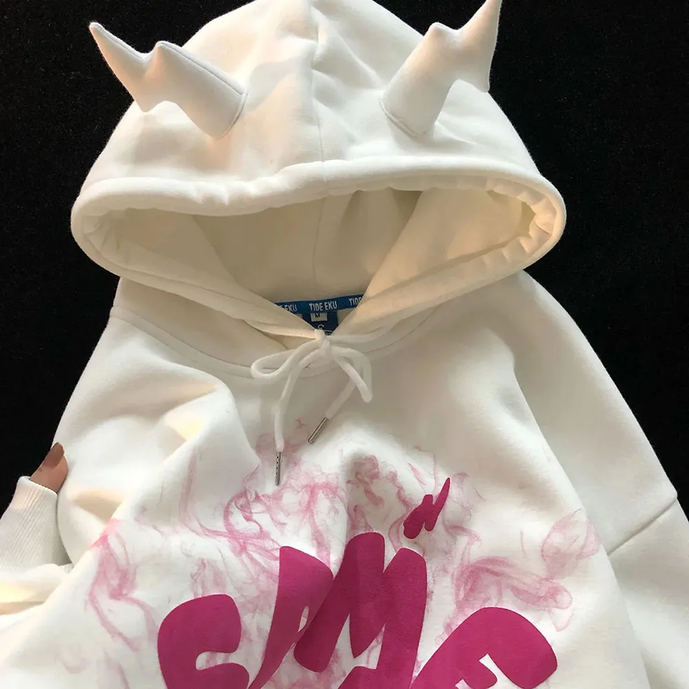 

Autumn Winter Women's Fleece Thicken Hoodies Sweatshirt Y2K Small Horns Hooded New Smoke Fog Printing Sweatshirt Couple Hoodie