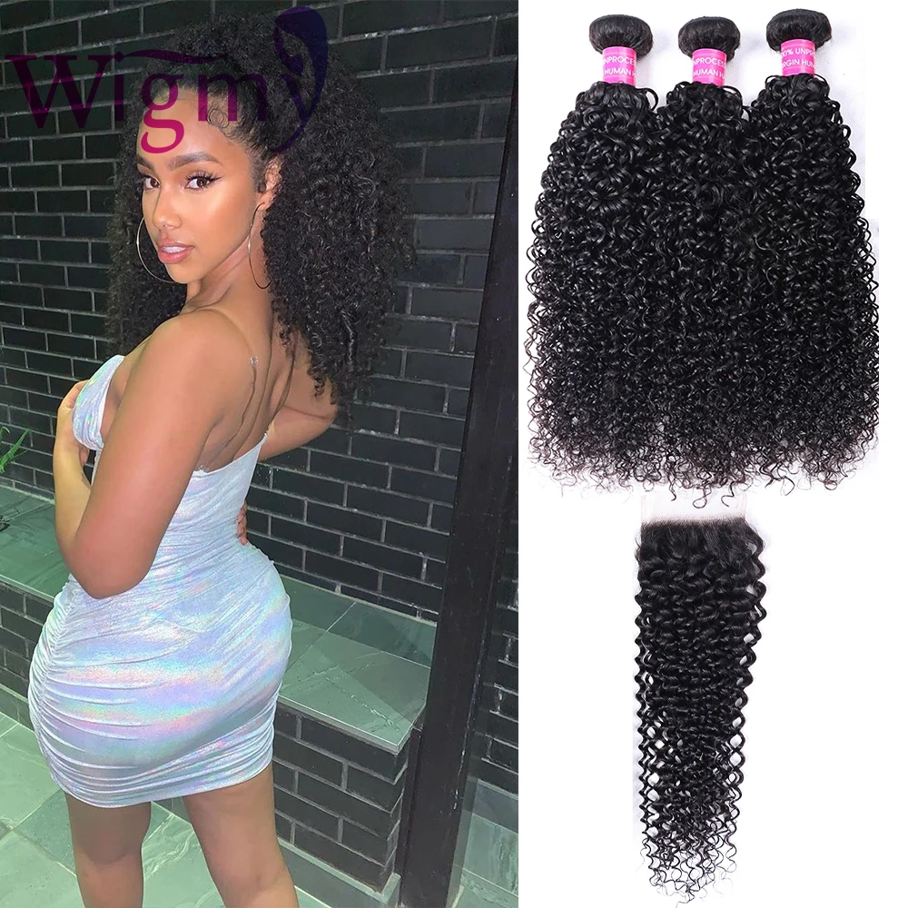 

Wigmy Malaysian Kinky Curly Bundles with Closure Unprocessed Virgin Human Hair Deep Curly 3 Bundles with Lace Closure