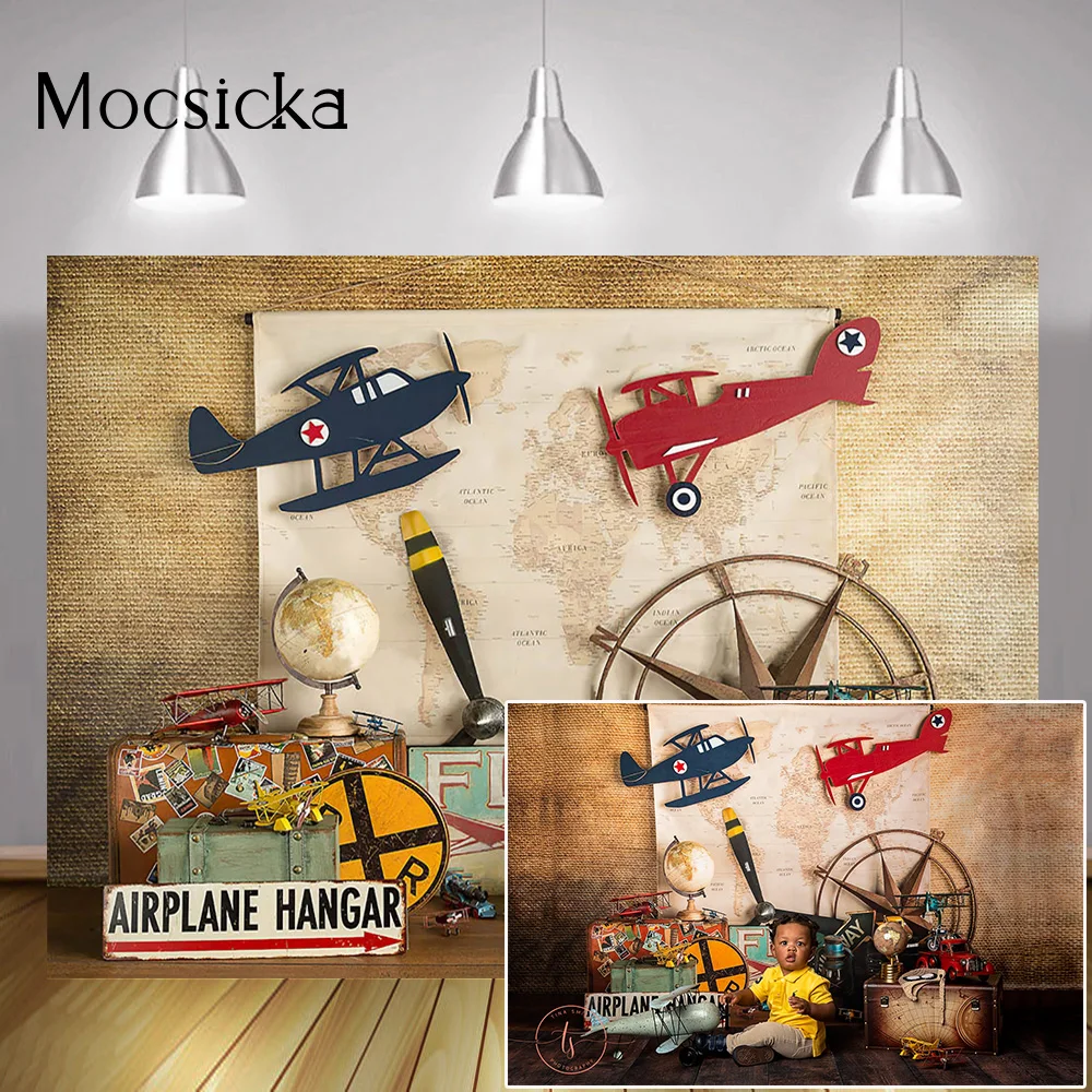 Newborn Pilot Portrait Backdrop Vintage Alrplane Hangar Travel Adventure Kids Birthday Art Background Photography Photo Studio