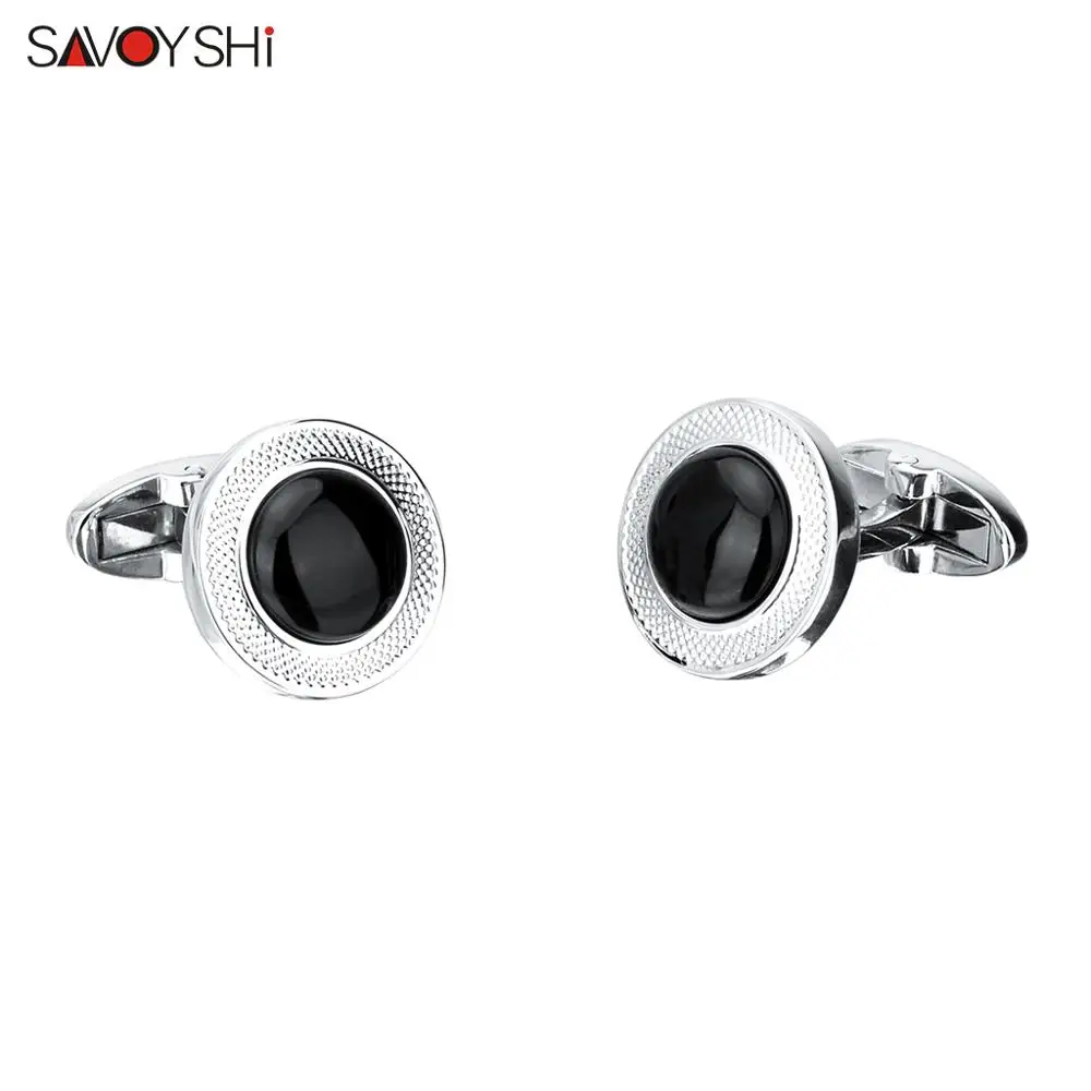 SAVOYSHI Luxury Black Stone Cufflinks for Mens High Quality Silver color Round Carving Pattern Cuff link Gift Brand Men Jewelry