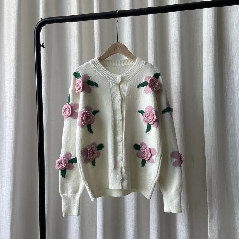 Sweet Harajuku 3d Flowers Cardigans For Women Spring Autumn Long Sleeve O Neck Vintage Sweater Ladies Knitted Outwear Top