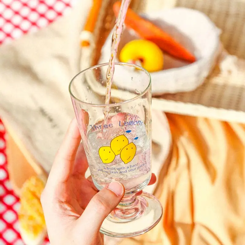 290ml Cute Lemon Printed Glass Cup Korean Ins Transparent Coffee Cup Goblet Ice Cream Dessert Cup Milk Juice Cup Beer Glasses