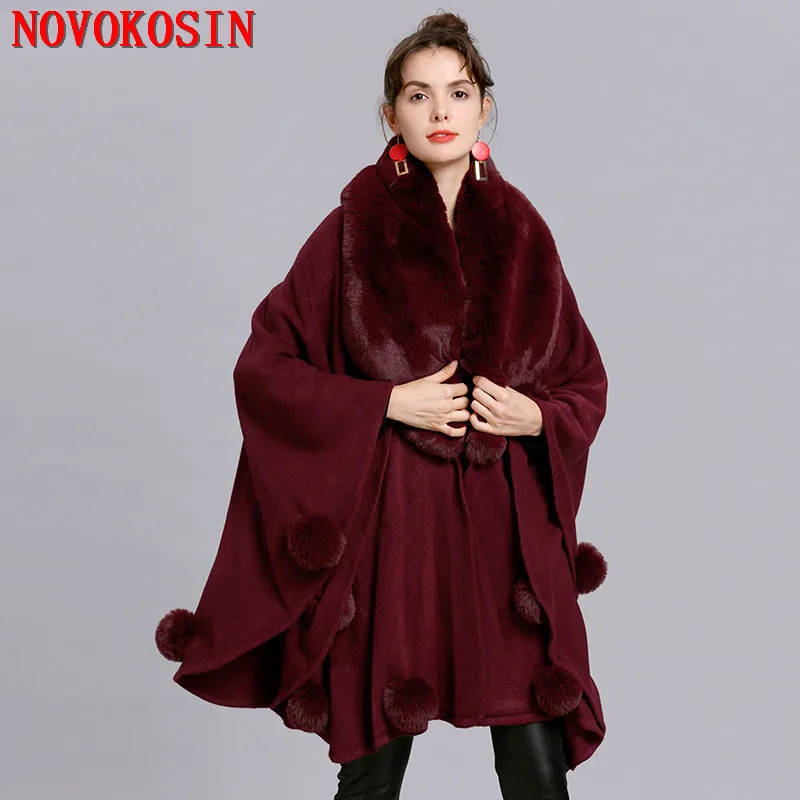 2022 Big Faux Fox Fur Neck Shawl Cape With Fur Ball Poncho Cloak Women Winter Warm Thick Out Streetwear Cardigan Loose Coat