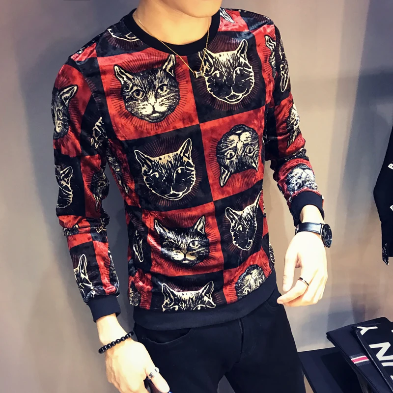 

Cat Head Print Velvet Homme Club Outfit Animal T Shirt Long Sleeve O Neck Luxury Slim Fit Men Velour tee