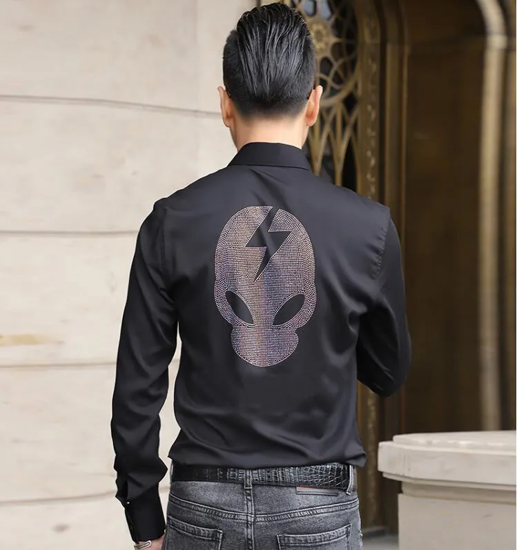 Men Rhinestone Skull Shirt   Male High Quality Long Sleeve Hot Drill Shirts Casual  Man Clothes Dress