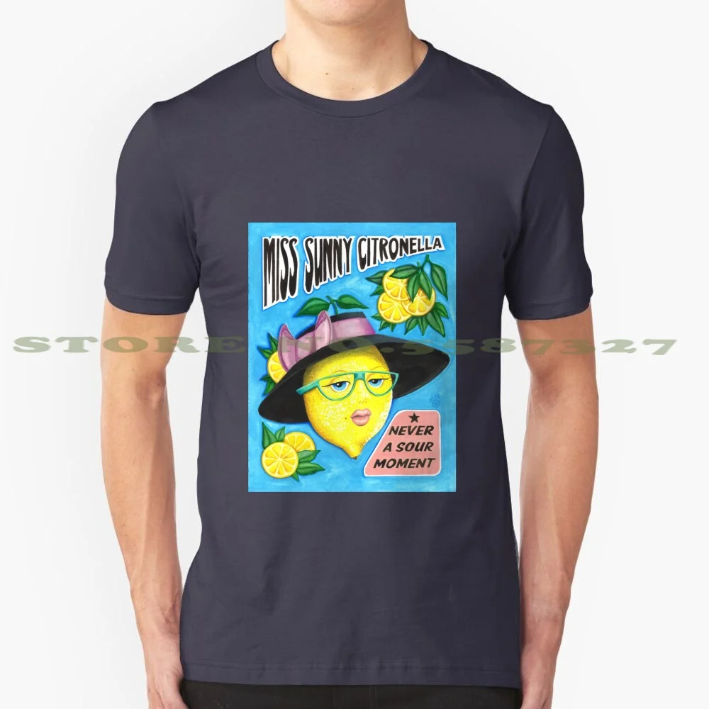 Miss Sunny Citronella 100% Cotton T-Shirt Watercolor Ink Vintage Comic Lemon Fruit Citrus Fifties Citron Hat Humor Blue Glasses