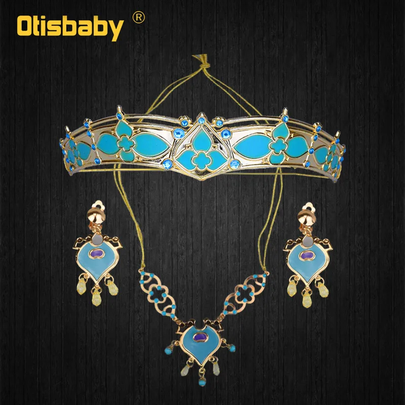 Girls Women Aladdin Jasmine Princess Necklace Earrings Headwear Cosplay Accessories Clips Earrings without Pierced Ear Clip