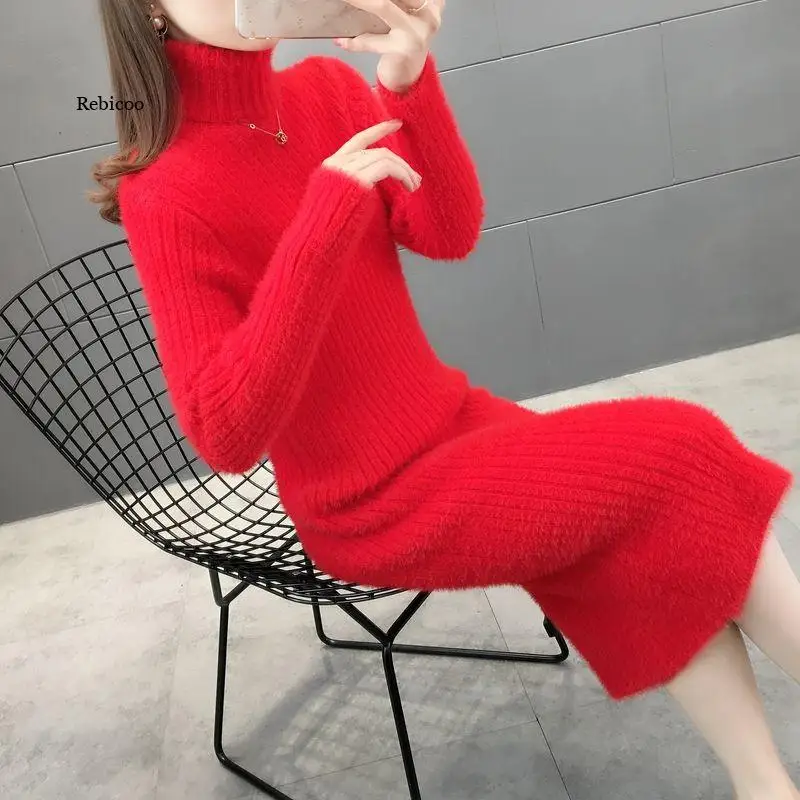 Turtleneck Long Sleeve Sweater Dress Women Autumn Winter Tunic Knitted Casual Pink Red White Black Clothes Solid Dresses