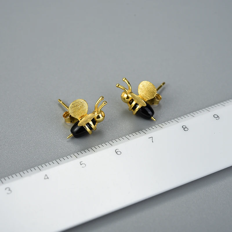 Lotus Fun 18K Gold Lovely Honey Bee Stud Earrings Real 925 Sterling Silver Handmade Design Fine Jewelry Earrings for Women Gift