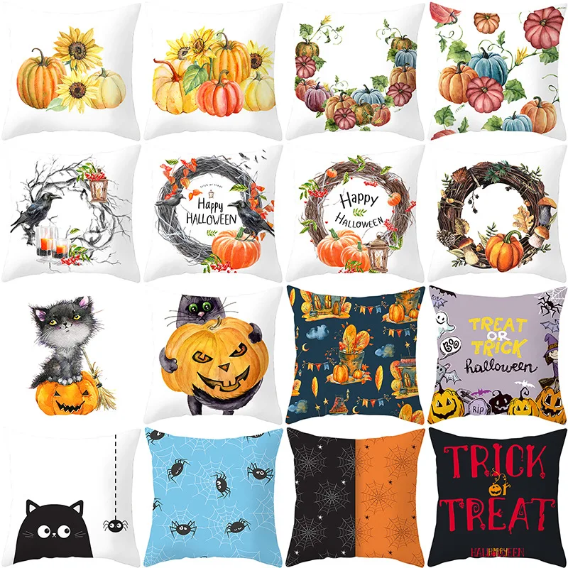 

Halloween Cushion Cover Pumpkin Crow Cobweb Black Cat Printed Pillow Covers 45x45 cm Holiday Home Decor Cushion Case for Sofa