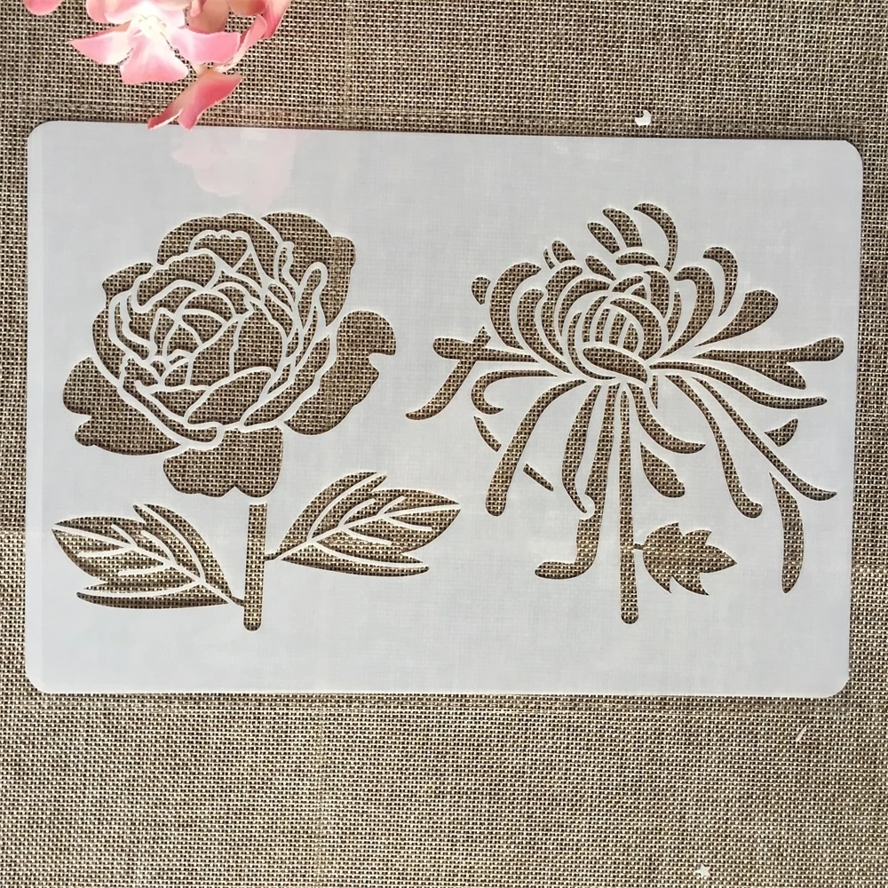 4Pcs 26 ซม.ดอกไม้Chrysanthemum Peony DIY Layering StencilsภาพวาดสมุดภาพสีEmbossingอัลบั้มตกแต่งแม่แบบ