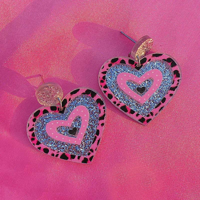 Y2k Accessories Pink Leopard Print Shiny Peach Heart Dangle Earrings for Women Egirl Aesthetic Harajuku Kawaii 2000s Earrings