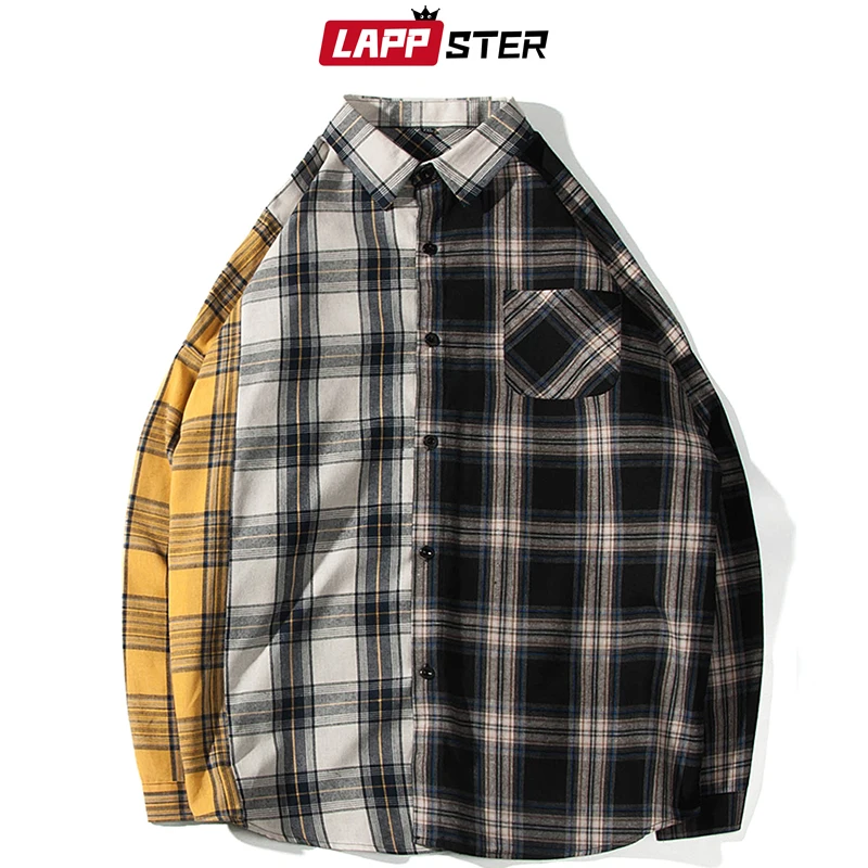 LAPPSTER Men Oversized Cotton Plaid Shirt 2023 Man Hip Hop Patchwork Button Up Long Sleeve Shirt Couple Korean Harajuku Clothing