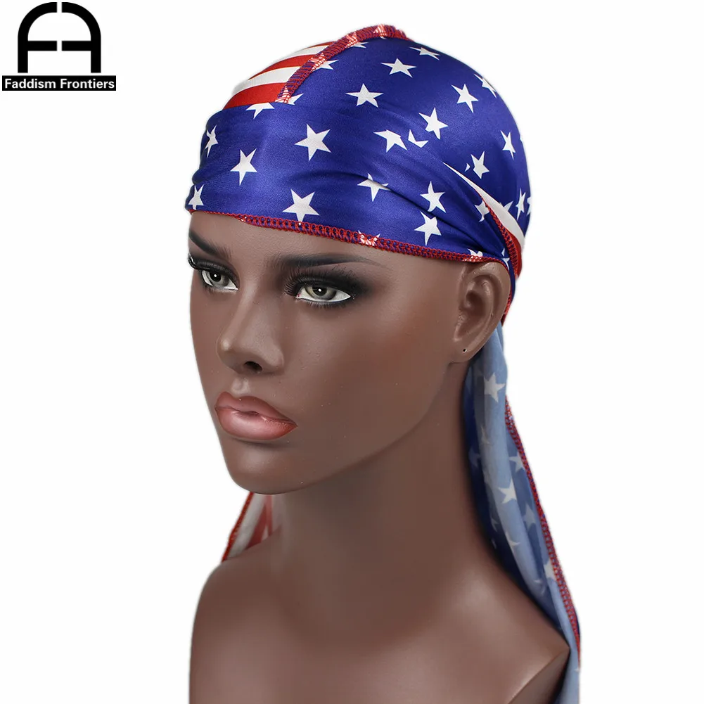 Patchwork Flagge Männer Seide Durag Headwrap Bandanas Für Männer Sterne Druck Seidige Durag Welle Kappe Durag – Detail 3