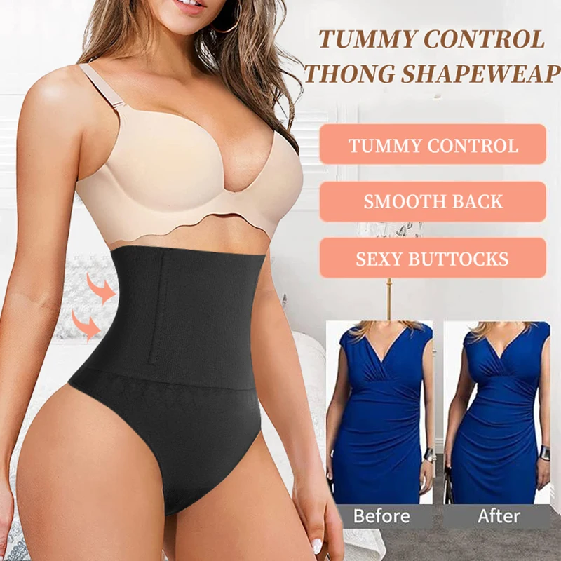 High Waist Body Shaper Thongs Shapewear for Women Panties Tummy Control Slimming Seamless Underwear Nude Black T-Back Brief