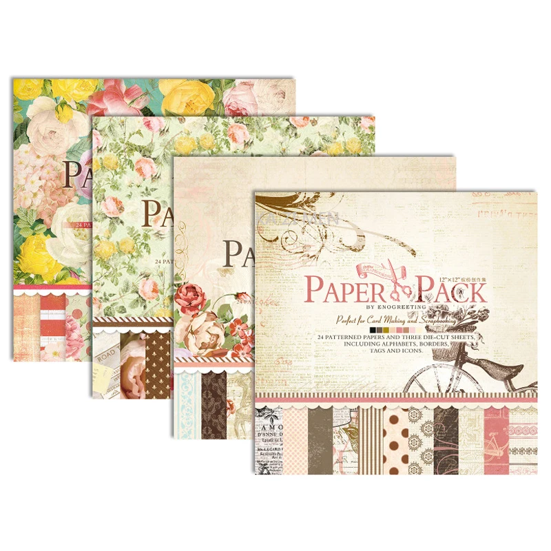 12 Inch Scrapbook Paper Pad Craft Paper Vintage Blooming Flowers Scrapbook Hand Account Album Decorative Paper Pack