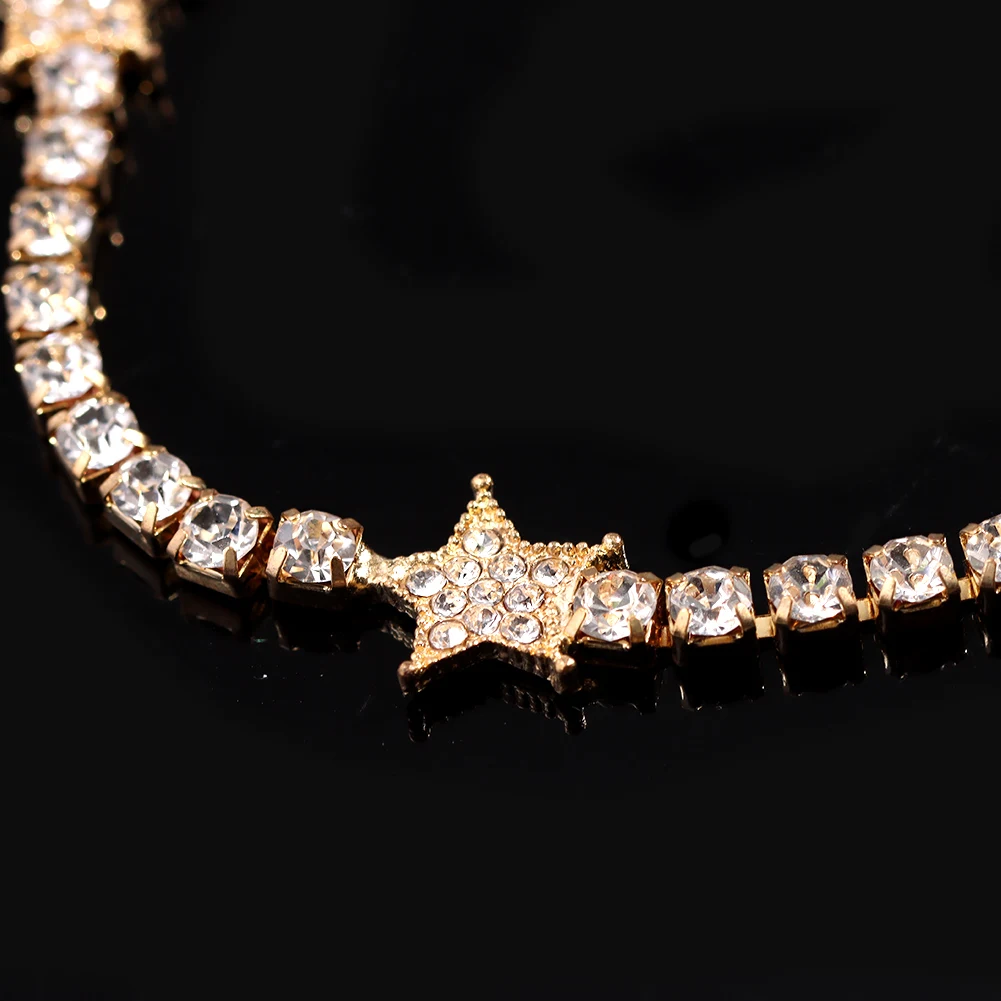 Gold Silver Color Rhinestone Star Necklace for Women Crystal Tennis Chain Choker Necklaces Simple Ladies Pentagon-Star Jewelry