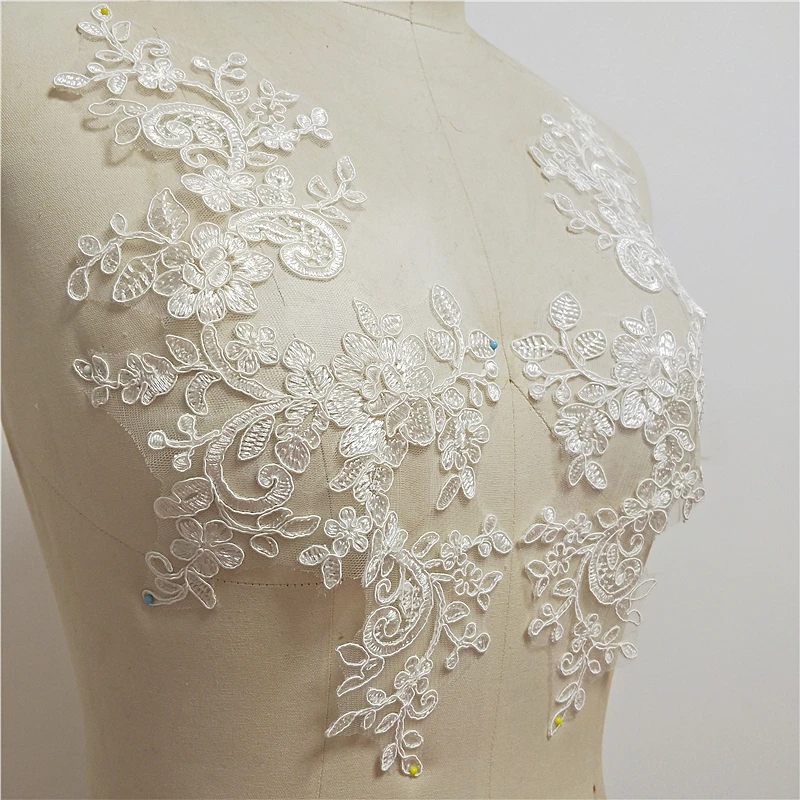 1Pair/2pcs Ivory Embroidery Lace Flowers Applique Trim Veil Diy Handmade Materials Wedding Dress Decoration Accessories 34X16cm