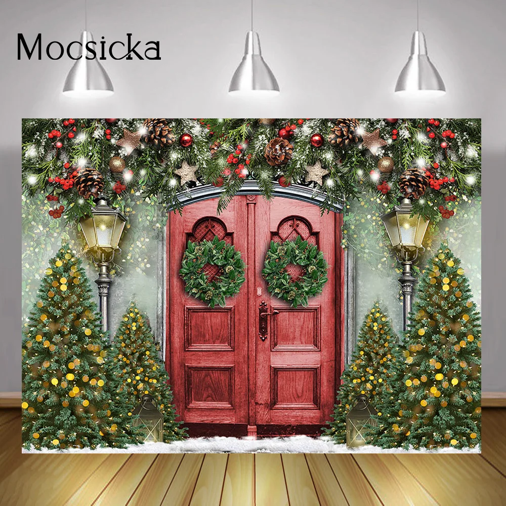 عيد الميلاد أشجار الصنوبر صورة خلفية خمر الباب الأحمر مصباح صور إكليل خوخه الشتاء صورة خلفية استوديو التصوير الفوتوغرافي