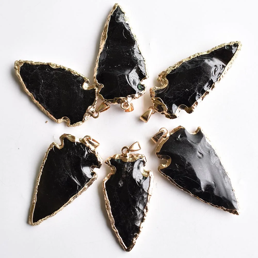 Fashion black Obsidian stones Arrowhead Rough Healing Point Natural Stone pillar Pendants for Charm Necklace accessories 6pcs