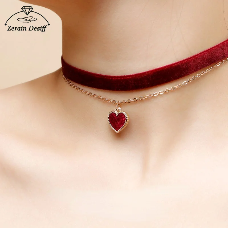 Burgundy Girl Heart Choker Double Clavicle Chain Love Necklace Velvet Necklace Collar Necklace Chocker Goth