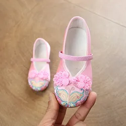 Chaussures de gril brodées papillon de style chinois, chaussures plates à semelle souple pour tout-petits, chaussures de princesse pour filles, performance de danse