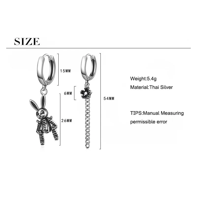 여성용 토끼 긴 술 비대칭 후프 귀걸이, 925 스털링 실버, 기질 선물 S-E1074, 신상