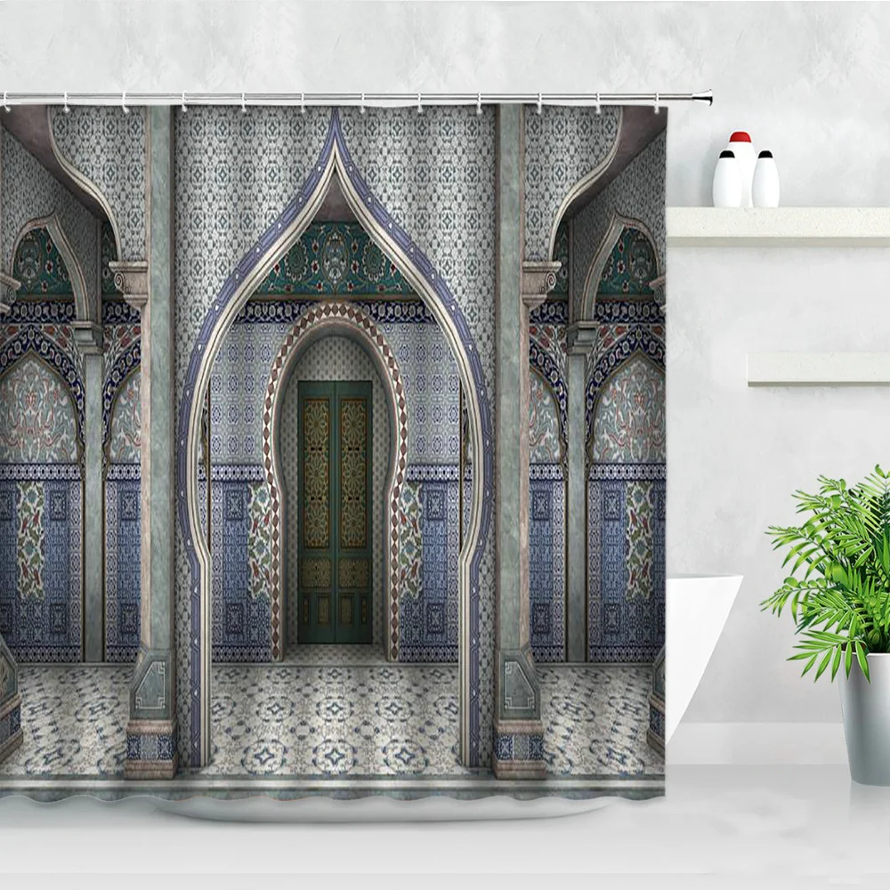 3D Waterproof Shower Curtains Arabic Arch Traditional Islamic Architecture Classic Fashion Bathroom Decor Hooks Bath Curtain Set