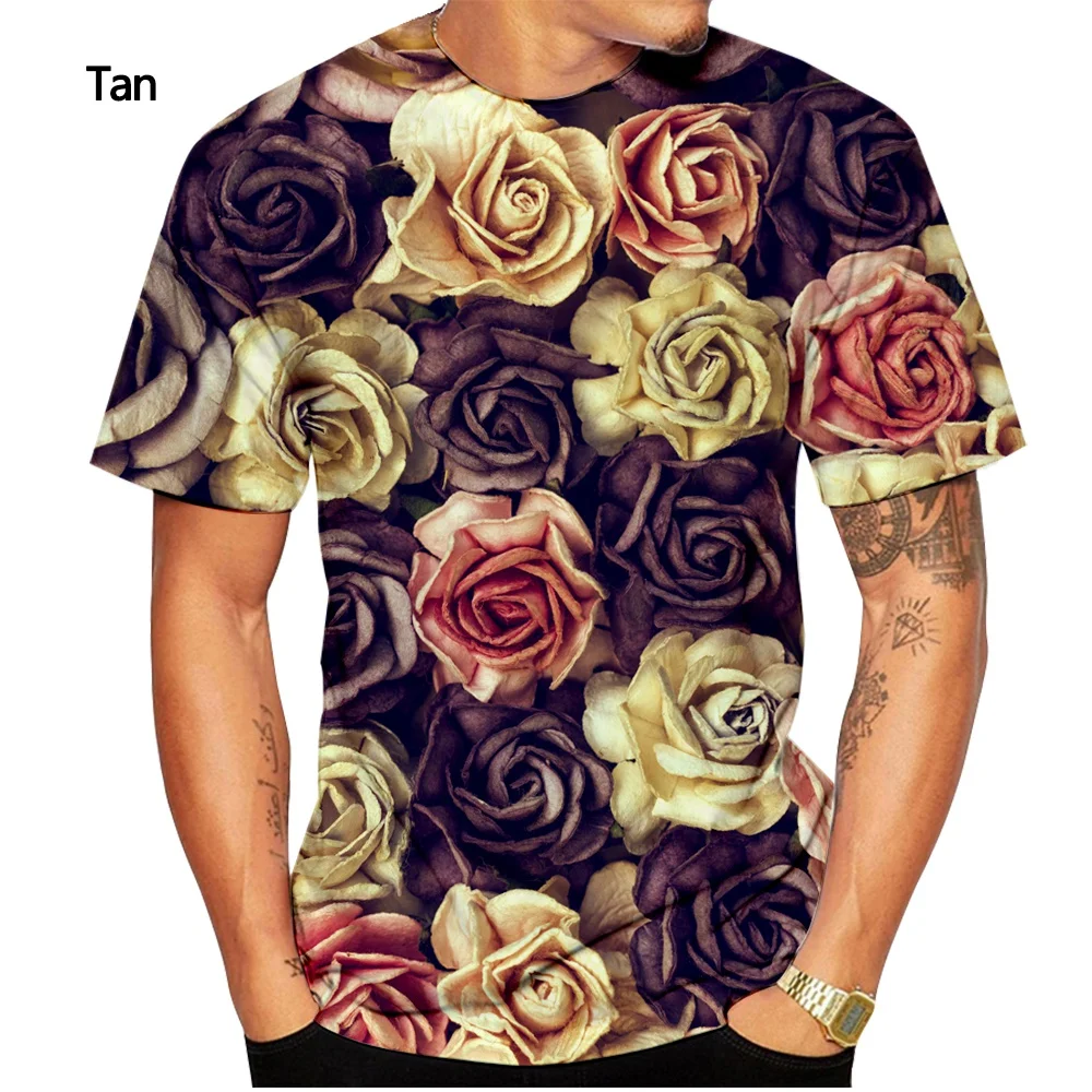 Rose T-shirt Men\'s Fashion 3D Printing T-shirt Summer Casual Short Sleeve Flower Shirt Top