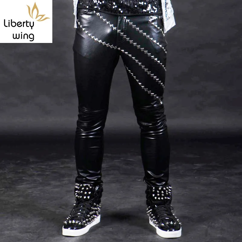 

New Arrival Skinny Fashion PU Leather Rivet Pencil Punk Rock Male Pants Casual Motorcycle Man Trousers