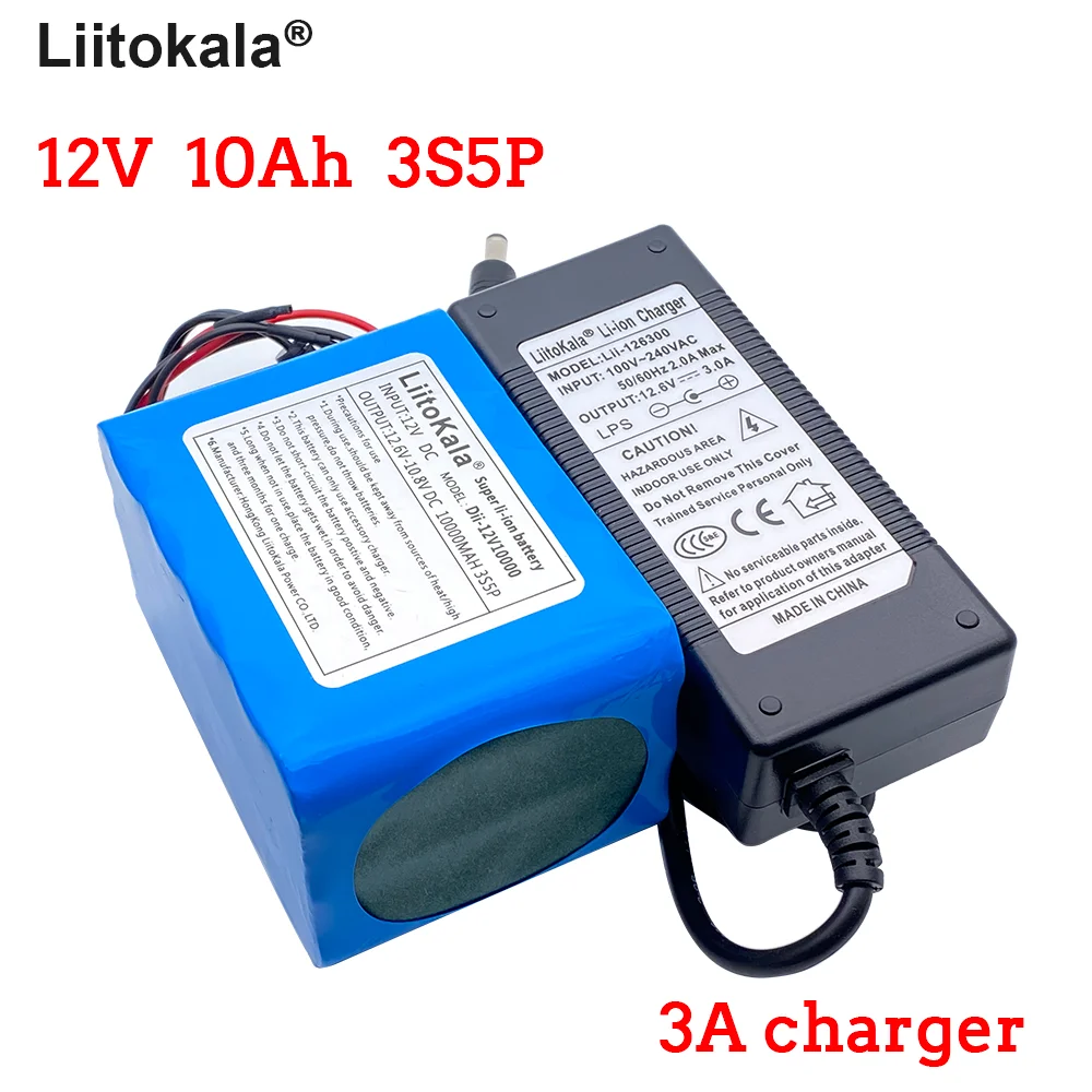 

LiitoKala Large capacity 100% Original 12V 10000mAh 18650 rechargeable lithium batteries 12V 10ah+12.6V 3A battery Charger