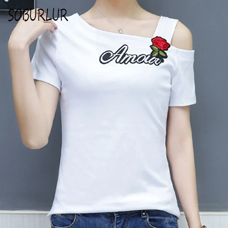 SOBURLUR Women's T-shirt Basic Flower Crop Top Woman Clothes Short Sleeve T shirt Solid color Tees White Shirts 2021 Summer Sexy