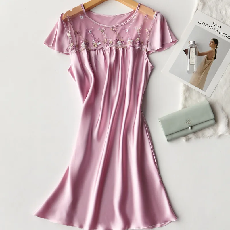 Summer New Silky Satin Women Nightgown Sleepwear Casual Night Dress New Arrival Shirt Sexy Nightshirt Female Sexy Home Dress