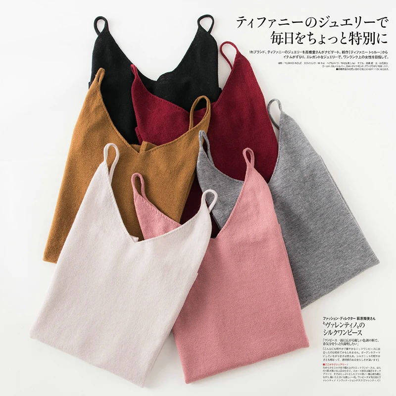 New Women Sexy 100% Worsted Wool Vest Crop Fashion Tops V-Neck Camisole Summer Tank Shirt Ladies Slid Knit Camisole Bottoming