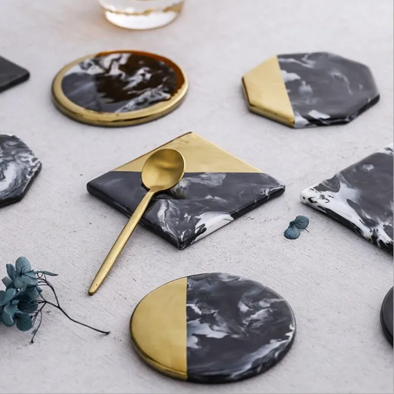 Marble Grain Coasters Ceramics Cup Pad Coffee Tea Mat Round Black Drink Coasters Porcelain Cup Stand Place Mats 1pc