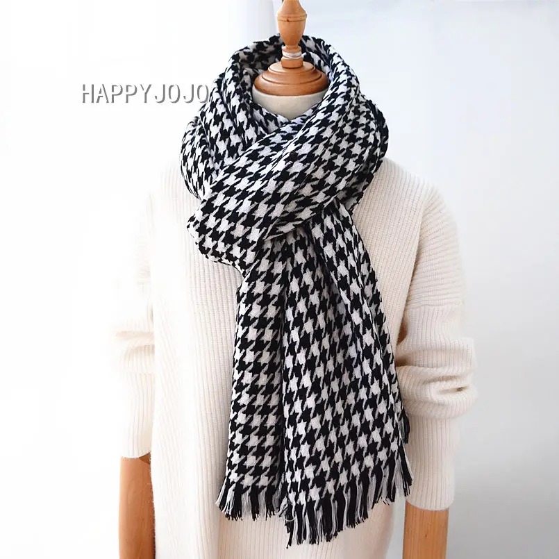 Wool shawl women luxury classic black white houndstooth long scarf cape soft chic fashion casual warm pashmina scarves for lady