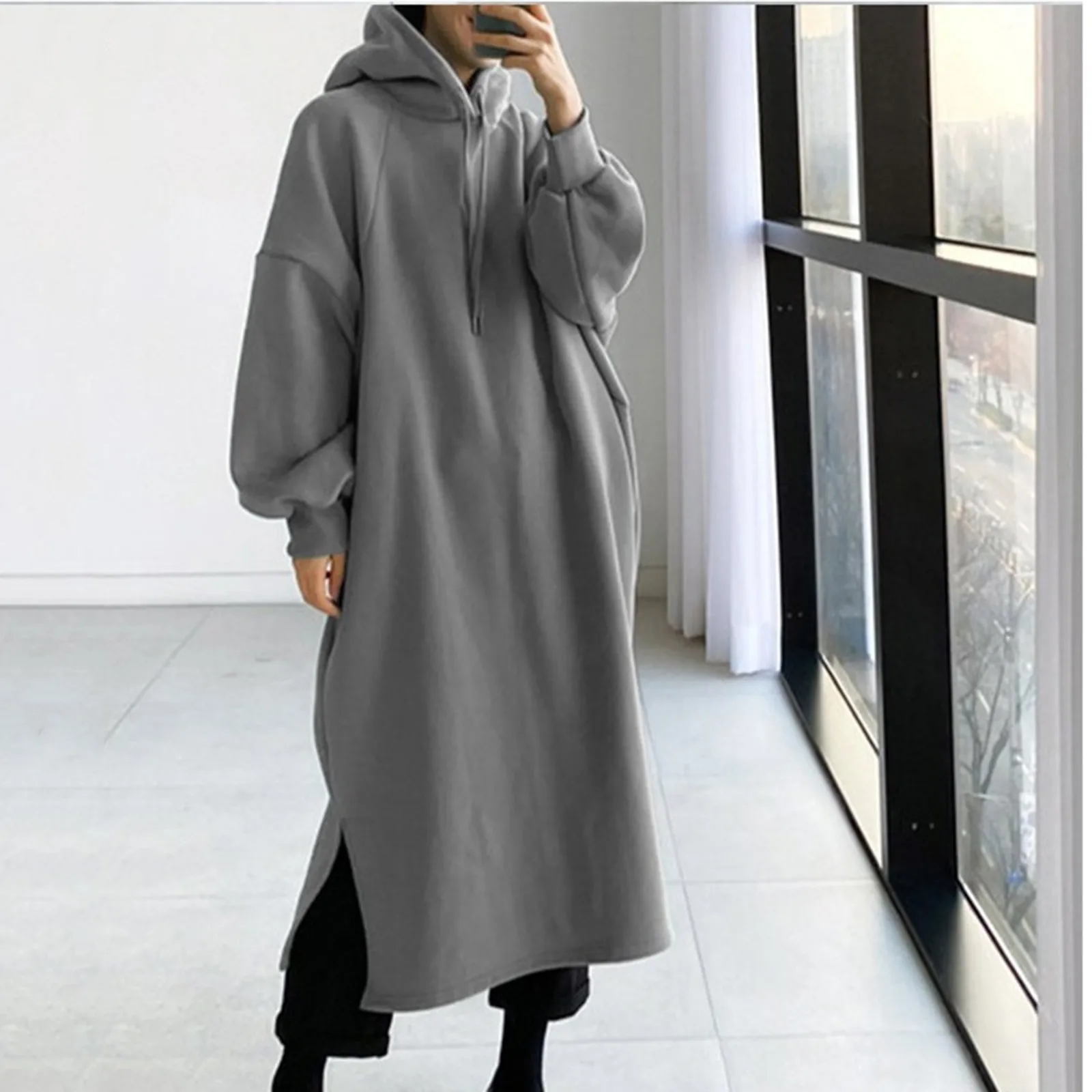 

2022 Stylish Hooded Hoodies Dress Casual Long Sleeve Maxi Vestidos Female Drawstring Robe Femme Robe Winter Warm Pullovers