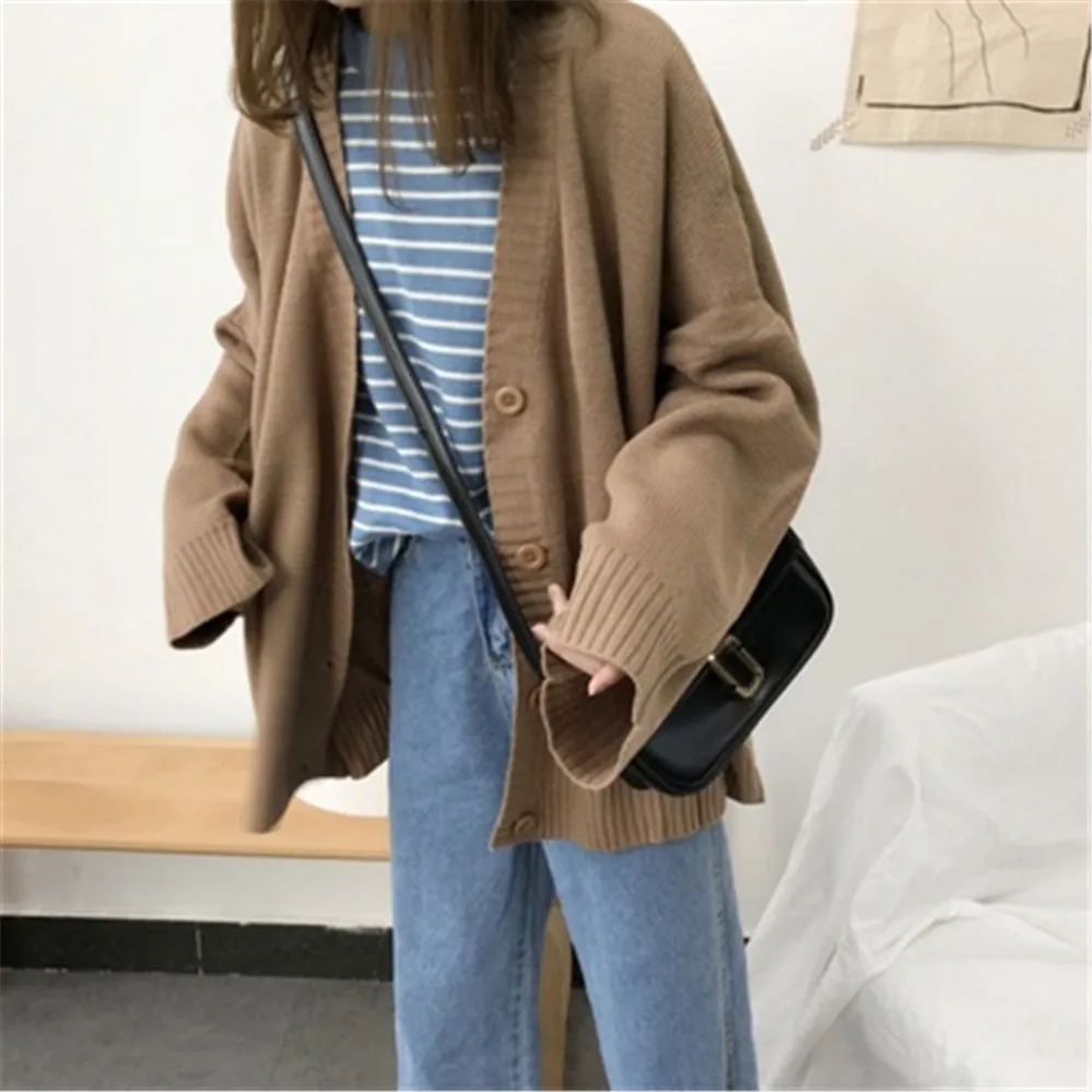 2021 V-Neck Long Sleeve Daily Solid Mujer Clothes Single Breasted Brown College Sweaters Women Knitting Cardigans Casual Spring