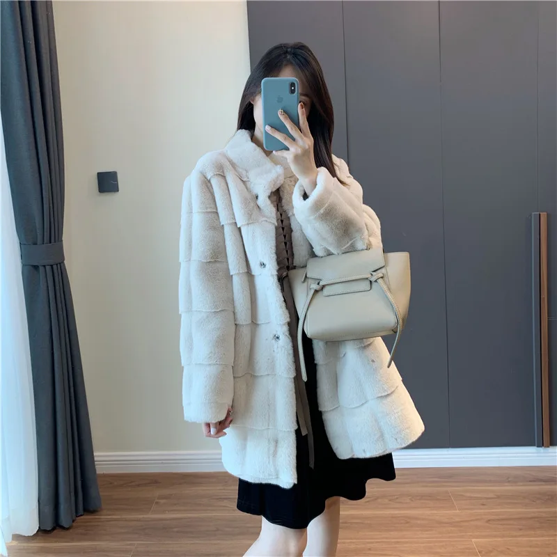 

Denmark Mink Real And Faux Mixed Fur Medium Long Female Coat Women's Autumn Winter 2021 Fashion Overcoat Long Sleeve Casual