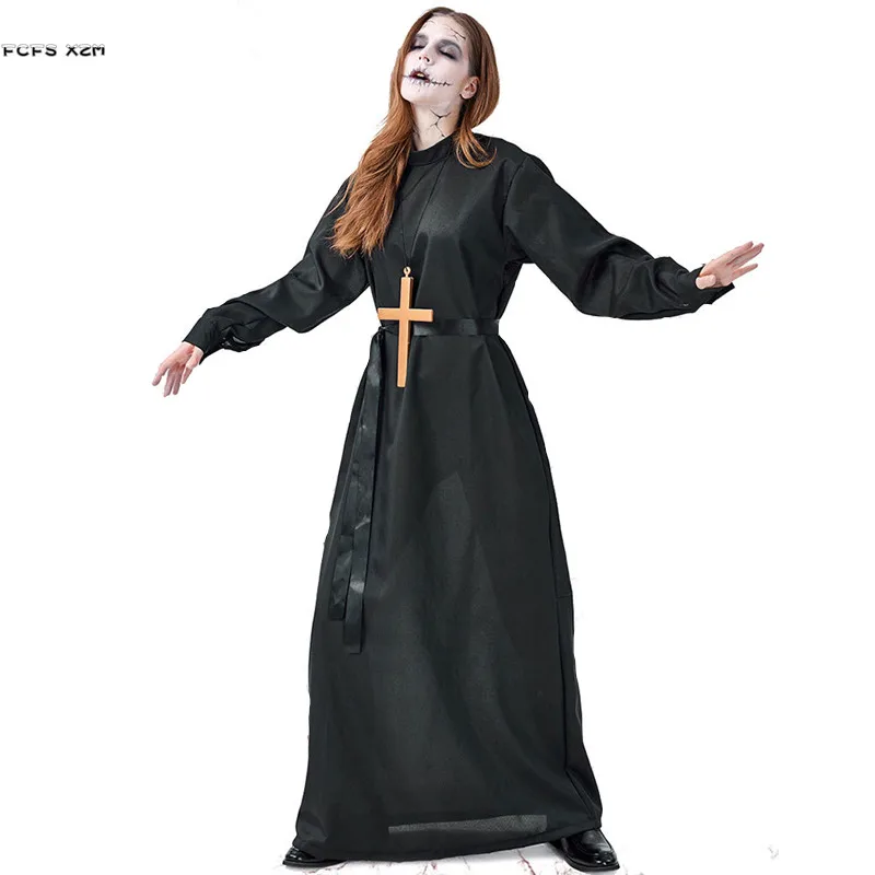 S-XL Adulte Unisexe Halloween Prêtre Nonne Costumes Zombie Fréquence De Marche Effrayant Cosplay Pourim Carnaval Discothèque Py Jouer Robe De Soirée