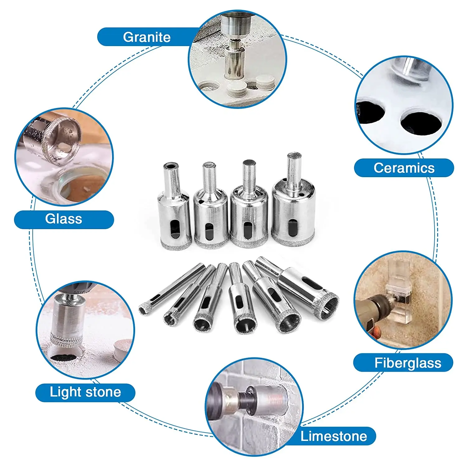 6-30mm Diamond Drill Bit Set 10 Pieces Diamond Glass Hole Saw for Tiles Glass Ceramic Porcelain Marble Bottles